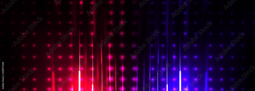 Dark tunnel, corridor, room with smoke, neon light, red and blue neon. Abstract light, glowing lines and spotlight. Night view. 3d render