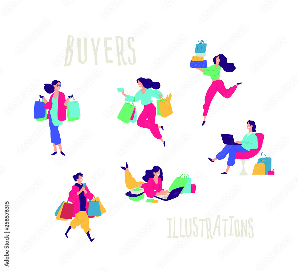 Illustration of people with purchases. Vector. Men and women bought things. Discounts and sales in retail networks. Flat cartoon style. Black Friday. Shopping on the Internet. Order and delivery. Illustration of people with purchases. Vector. Men and women bought things. Discounts and sales in retail networks. Flat cartoon style. Black Friday. Shopping on the Internet. Order and delivery.
