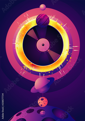 Night party music poster with space object and star. Retro futuristick illustration. Electronic dance festival banner with vinyl record.