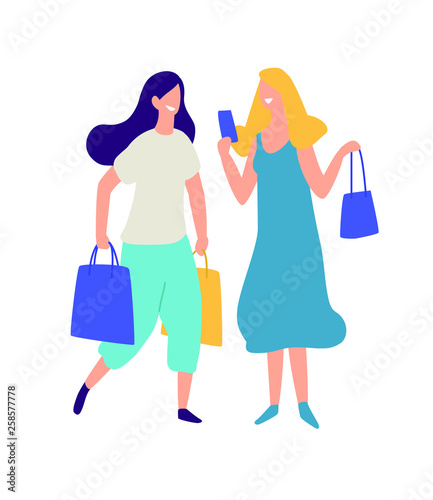 Illustration of two girls with purchases. Vector. Positive flat illustration in cartoon style. Discounts and sales. Shopaholics shopping. Online shopping. Girls communicate offline and online.