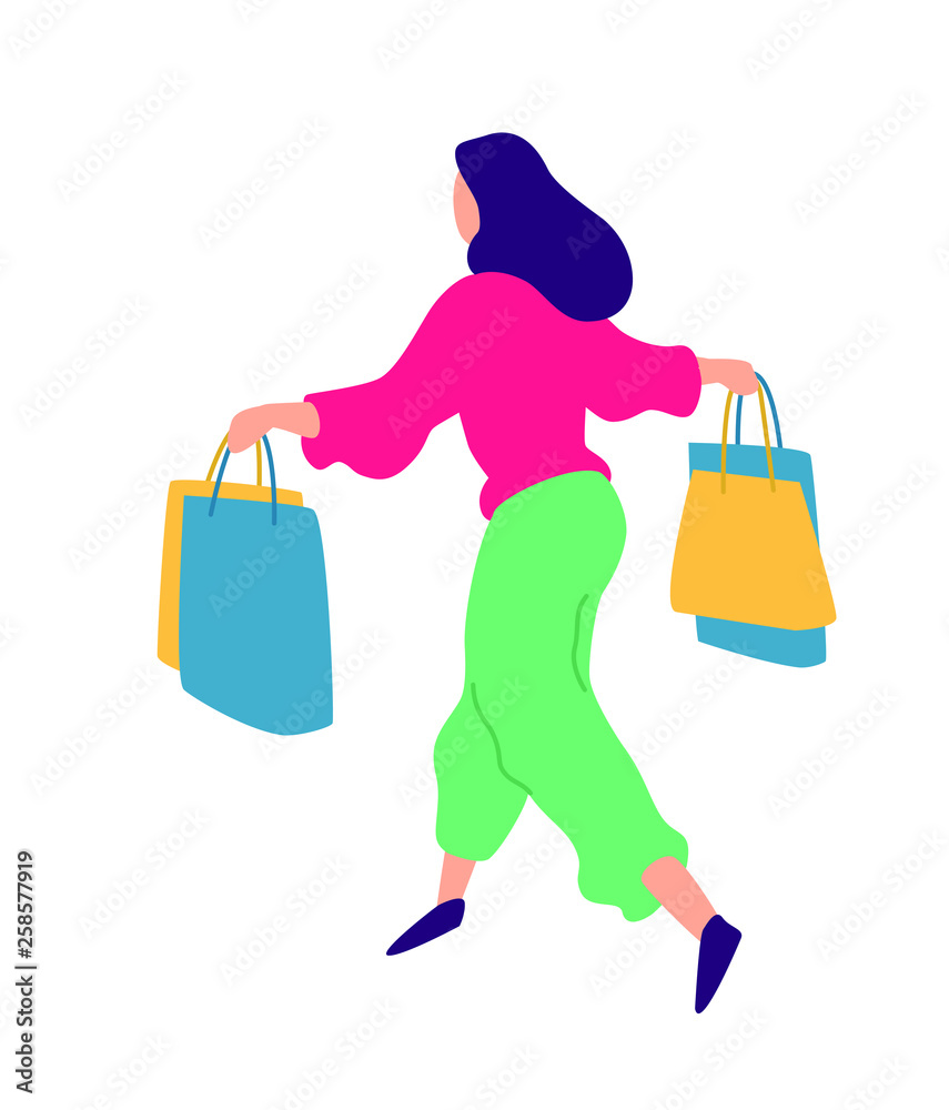 Illustration of a girl with shopping. Vector. Positive flat illustration in cartoon style. Discounts and sales. Shopaholic shopping. Online sales. Purchaser of goods. Illustration of a girl with shopping. Vector. Positive flat illustration in cartoon style. Discounts and sales. Shopaholic shopping. Online sales. Purchaser of goods.
