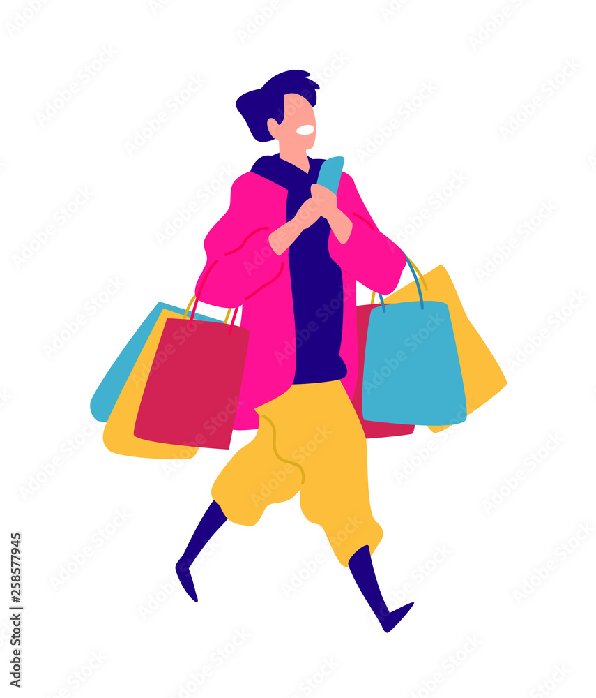 Illustration of a young guy with purchases. Vector. Positive flat illustration in cartoon style. Discounts and sales. Shopaholic shopping. A young man talking on the phone, shopping.