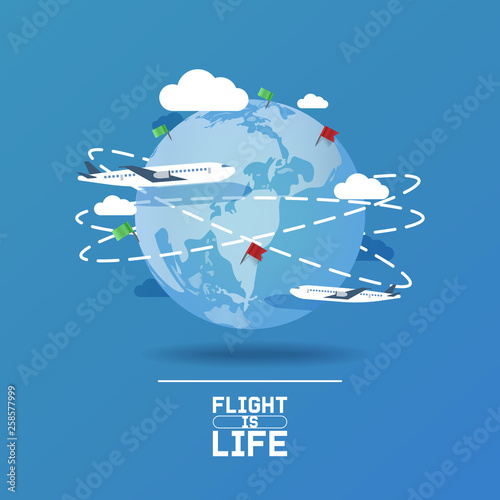 Plane around world vector aircraft airplane jet flight transportation flying to airport illustration aviation backdrop of aeroplane airliner traveling banner flag pinned on world map background