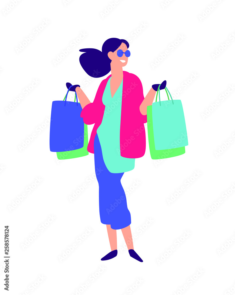 Illustration of a girl with shopping. Vector. Positive flat illustration in cartoon style. Discounts and sales. Shopaholic shopping. Online sales. Purchaser of goods. Glamor lady.