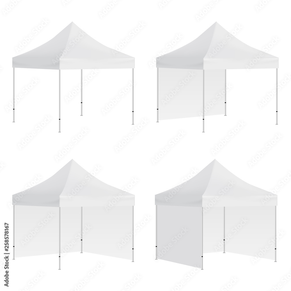 Set of outdoor canopy tents mockups isolated on white background. Vector illustration