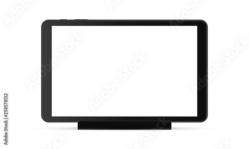 Black tablet computer with blank screen on stand isolated on white background. Vector illustration