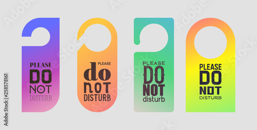 Door hanger vector sign do not disturb tag on closed room door at hotel illustration backdrop set of warning privacy card message hanging on doorhandle background
