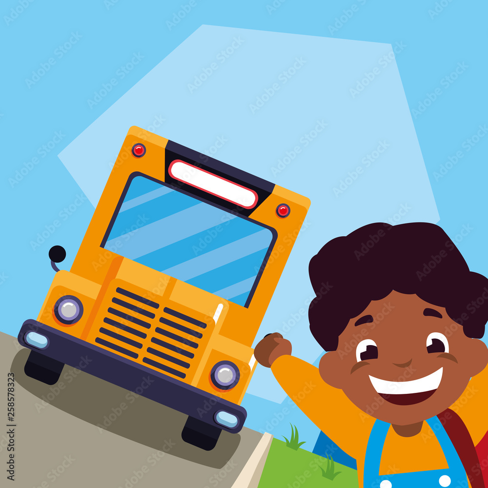 happy little black schoolboy with schoolbag in the bus stop happy little black schoolboy with schoolbag in the bus stop
