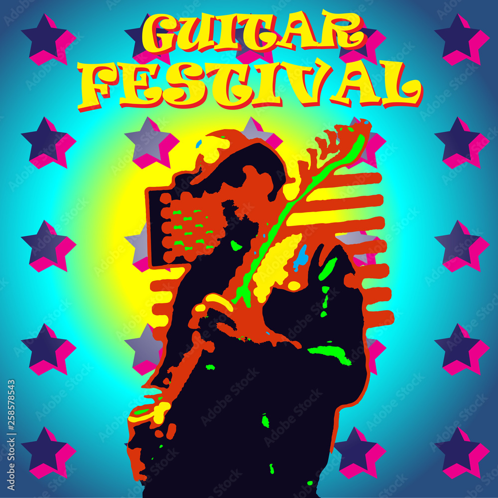 Printvector image of poster of american country rock music festival with guitar player playing guitar on bright textures