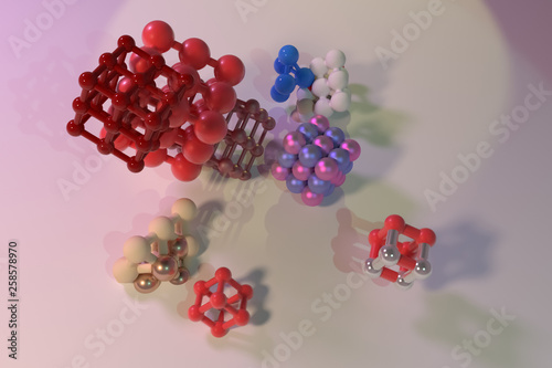 Virtual geometric, molecule style concepture, inter-locked square or pyramids for design texture, background. 3D render.