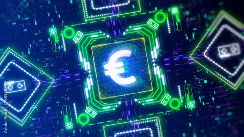Euro money cyber futuristic symbol. Abstract finance and business 3d render