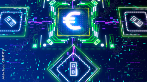 Euro money symbol in cyber space. Futuristic 3d illustration