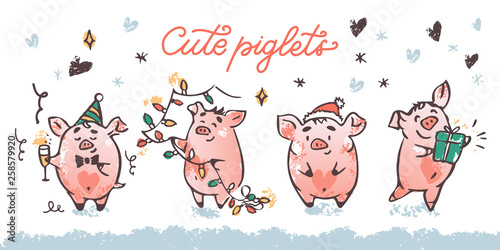 Christmas piglets vector set