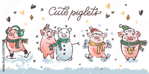 Christmas piglets vector set