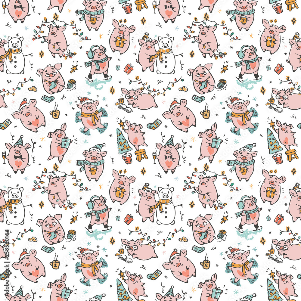 Christmas piglets vector pattern