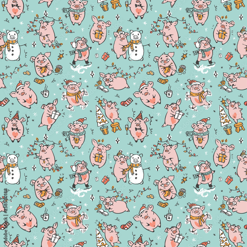 Christmas piglets vector pattern Christmas piglets vector pattern