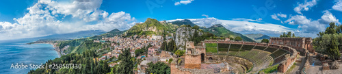 Ruins of Ancient Greek Theater of Taormina (Tauromenion in Greek), Metropolitan area of Messina, Eastern Sicily, Italy. Founded by Greek colonists from Naxos