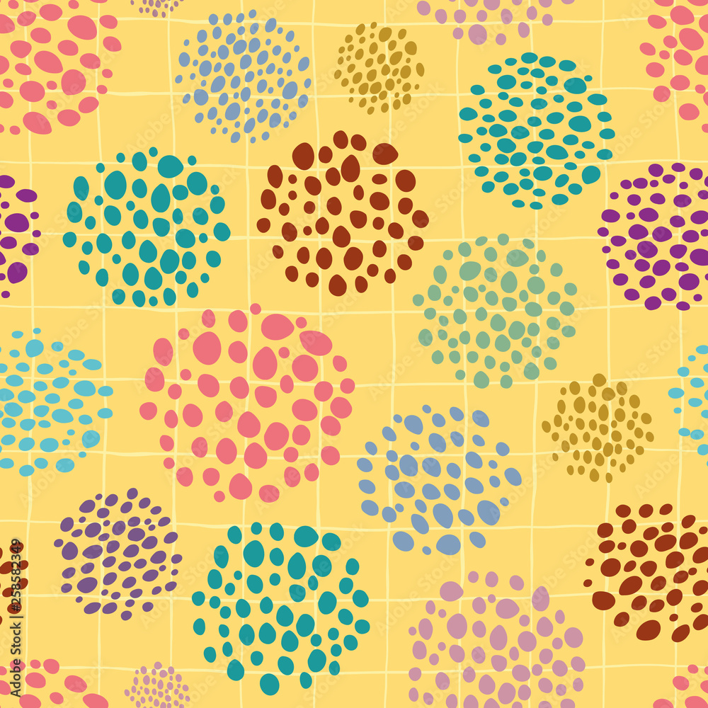 Colourful hand drawn circular paint dots in scattered design. Seamless vector pattern on yellow background. Abstract summer vibe. Great for stationery, giftwrap, wellbeing, natural, organic products Colourful hand drawn circular paint dots in scattered design. Seamless vector pattern on yellow background. Abstract summer vibe. Great for stationery, giftwrap, wellbeing, natural, organic products