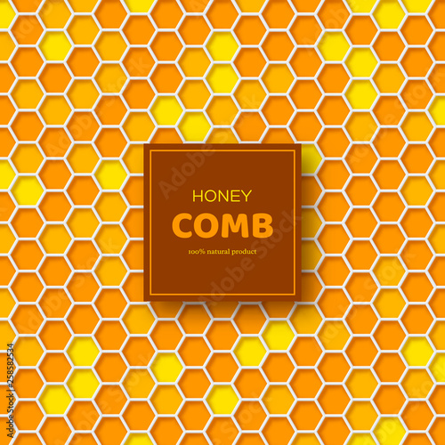 Honeycombs background in 3d paper cut style. Design for beekeeping and honey product. Vector illustration.