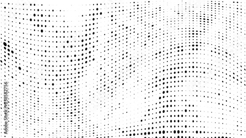 Halftone gradient pattern. Abstract halftone dots background. Monochrome dots pattern. Vector halftone texture. Grunge texture. Pop Art, Comic small dots. Wave twisted dots. Template for cover, banner