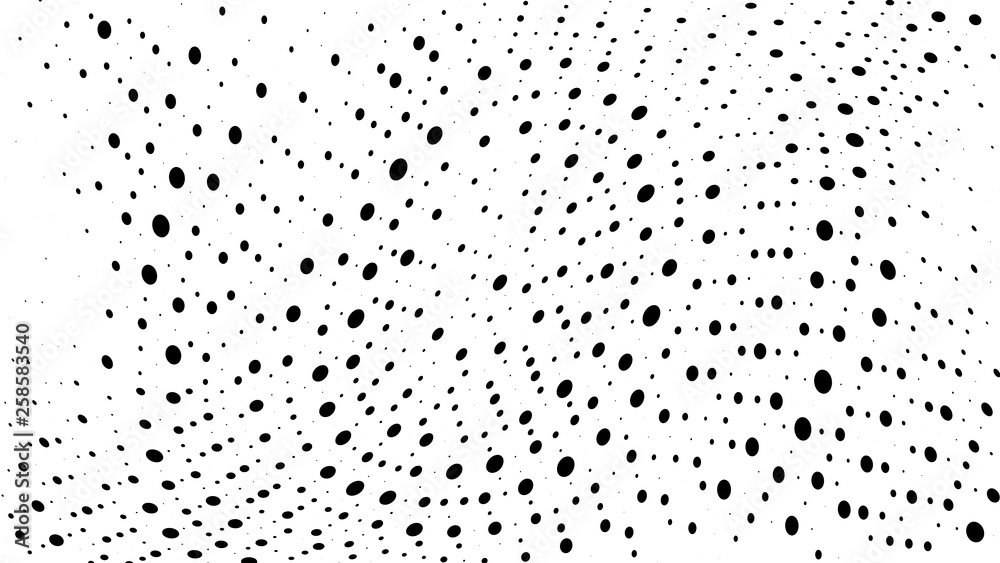 Halftone gradient pattern. Abstract halftone dots background. Monochrome dots pattern. Vector halftone texture. Radial twisted circle. Grunge texture. Pop Art, Comic small dots. Wave twisted dots.