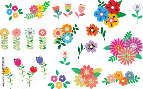Set of isolated vector flowers and leaves in bright colors. Spring floral icons.
