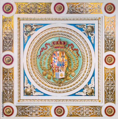 Regno di Napoli coat of arms in the ceiling of the Church of Santo Spirito dei Napoletani in Rome, Italy.