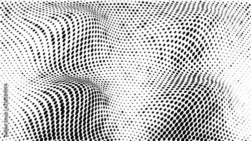 Halftone gradient pattern. Abstract halftone dots background. Monochrome dots pattern. Vector halftone texture. Grunge texture. Pop Art, Comic small dots. 3d grid, Wave twisted dots. Design elements