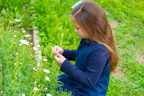 Little latina girl in garden picking flowers
