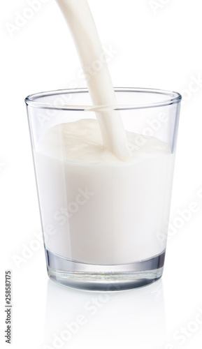Pouring milk into glass isolated on white background