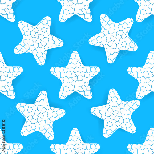 Stylised starfish pattern, simple flat style. Underwater life and ocean beach themed vector seamless background, sea stars. Marine style surface design.