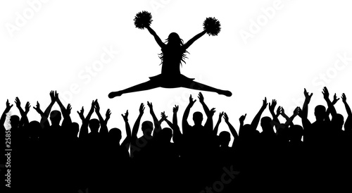 Silhouettes of jumping girl with pompoms (stredl jump) and applauding crowd. Vector illustration.