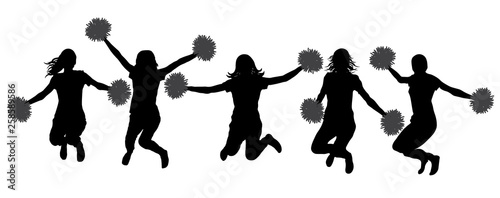 Silhouettes of cheerleaders (jumping girls with pompoms), isolated. Vector illustration.