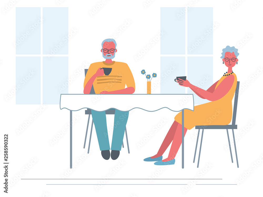 Senior couple in the cafe. Old lady and old man are sitting at the table and drinking tea. Funky flat style. Vector illustration in yellow and blue colors.