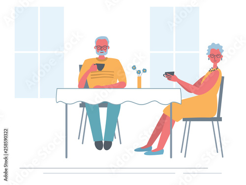 Senior couple in the cafe. Old lady and old man are sitting at the table and drinking tea. Funky flat style. Vector illustration in yellow and blue colors.