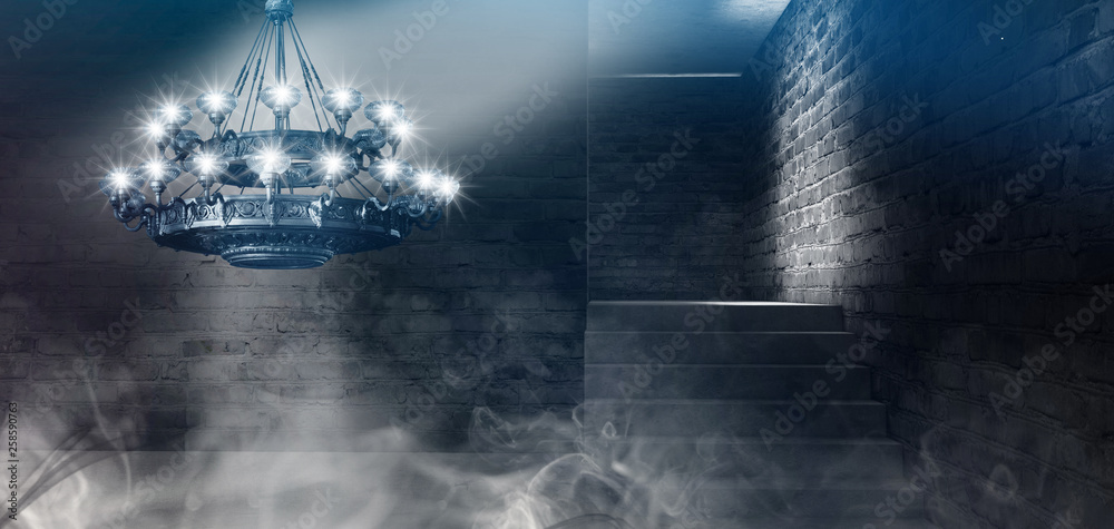 Dark room with rays of light and a large chandelier in the center of the room. Dark background, abstract light, night view. 3d render Dark room with rays of light and a large chandelier in the center of the room. Dark background, abstract light, night view. 3d render