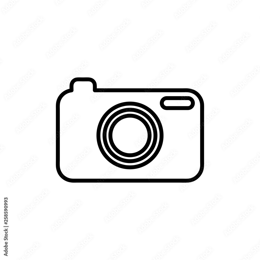 Flat line monochrome camera silhouette for web sites and apps. Minimal simple black and white camera silhouette. Isolated vector black camera silhouette on white background.