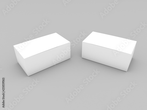 Layout of white cardboard boxes on a gray background. 3d render illustration.