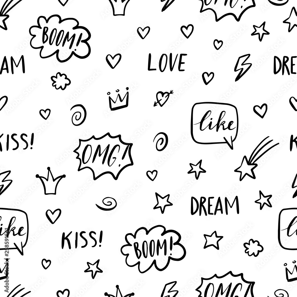 Cute seamless pattern of hand drawn doodle elements on white background.  Crowns, stars, hearts, speech bubbles, words love, boom, omg, kiss, like, dream. Vector illustration
