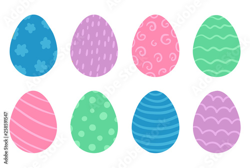 Set of bright colorful Easter eggs with different design. Vector illustration