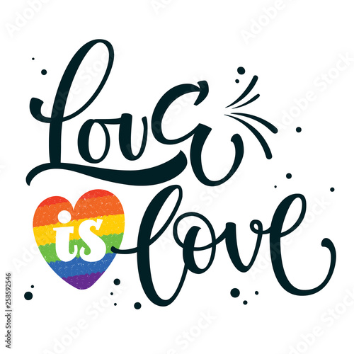 Gay Pride black text Love is Love with gay rainbow heart decor
