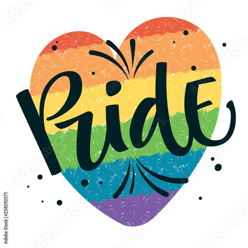 Gay Pride text Pride with splashes and dots decor on colorful gay rainbow heart background