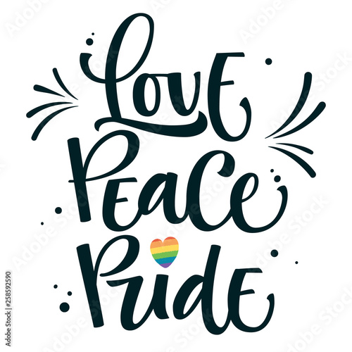 Gay Pride black text Love is Love with gay rainbow heart, dots, splashes decor