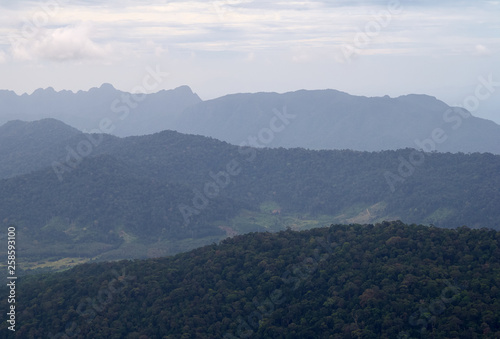 Amazing landscape view from the observation tower at Gunung Raya  the highest point in Langkawi  Malaysia. Distant mountains in the mist and the ocean on the background. Tranquility and serenity.