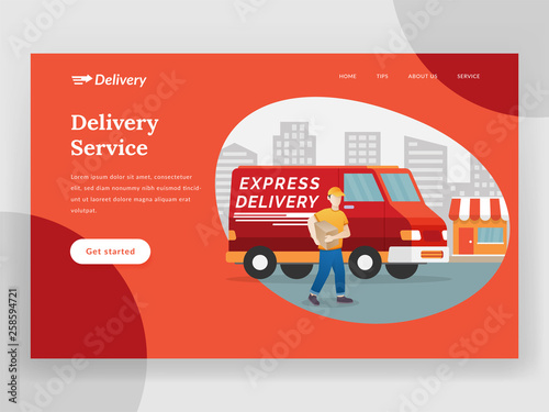 Online delivery service landing page with van. Transportation and logistic digital shopping. Modern flat design web page design for website and mobile website. Vector illustration