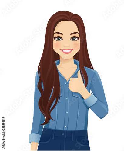 Young cheerful woman with long hair in casual denim shirt showing thumb up isolated vector illustration