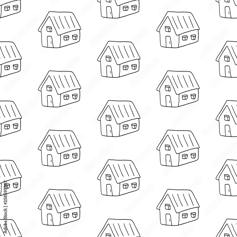 Cartoon home pattern with hand drawn houses. Cute doodle black and white home pattern. Seamless monochrome home pattern for fabric, wallpapers, wrapping paper, cards and web backgrounds.
