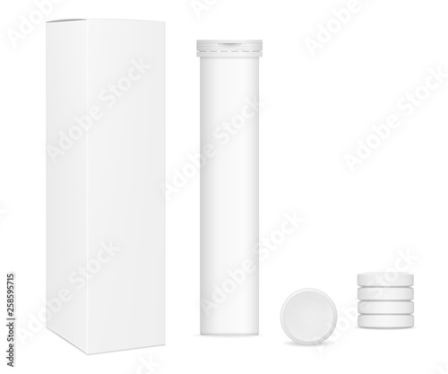 Vector realistic images (mock-up, layout) of a rectangular paper box, packaging for vitamins, and pills, located vertically. The image was created using gradient mesh. Vector EPS 10.