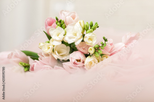 wedding beautiful bouquet of pink tulips. copy space © producer