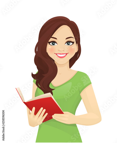 Smiling beatiful woman with curly hairstyle holding book isolated vector illustration